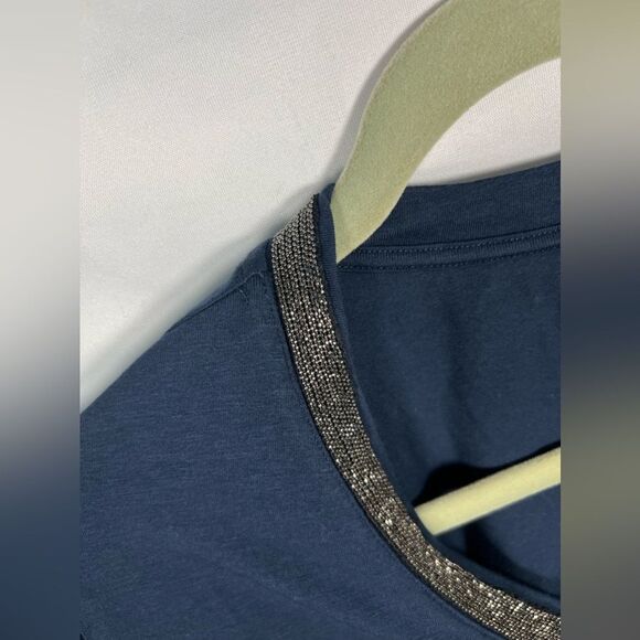 Soft Surroundings Womens XL Beaded V Neck 3/4 Mesh Sleeves Hem Dressy Navy Blue - Picture 3 of 8